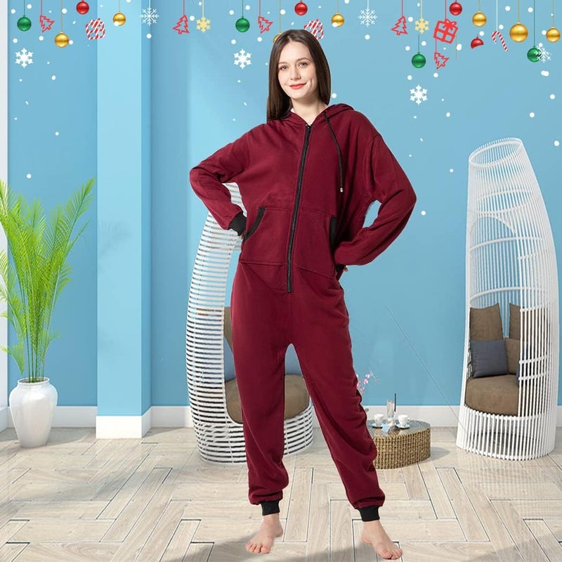 Laahoem Unisex Adult Pajamas Hooded Men Women Jumpsuit Zip Sportwear Dark Red Black Zipper XL - Image 3