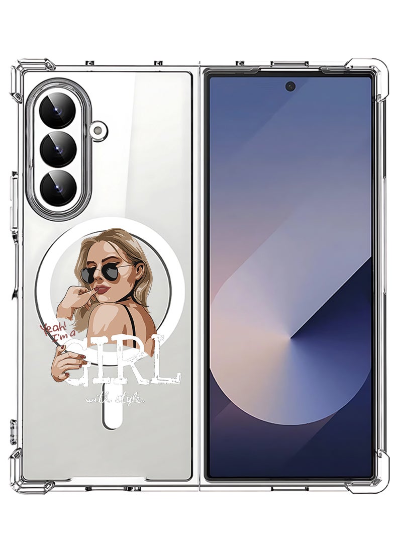 Theodor Magnetic Case for Samsung Galaxy Z Fold 7 Compatible with MagSafe Wireless Charging, Shockproof Phone Bumper Cover Girl with Style - White - Image 1