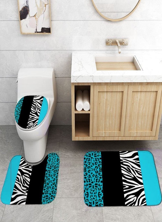 jieprom 4PCS Leopard Print Shower Curtain Set with Non-Slip Rug, Toilet Lid Cover and Bath Mat, Teal Black Splice Shower Curtain with 12 Hooks, Durable Waterproof Shower Curtain for Bathroom Set - Image 2