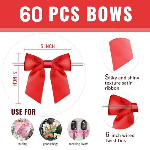 Rainbow Pana 60 Pack Twist Tie Bows for Treat Bags 3" Rainbow 6 Colors Satin Ribbon Bows for Package Craft Gift Wrapping Decoration - Red Orange Yellow Green Blue Purple, St Patricks - Image 2