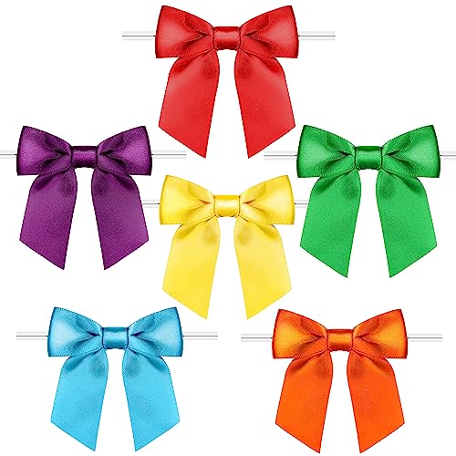 Rainbow Pana 60 Pack Twist Tie Bows for Treat Bags 3" Rainbow 6 Colors Satin Ribbon Bows for Package Craft Gift Wrapping Decoration - Red Orange Yellow Green Blue Purple, St Patricks - Image 1