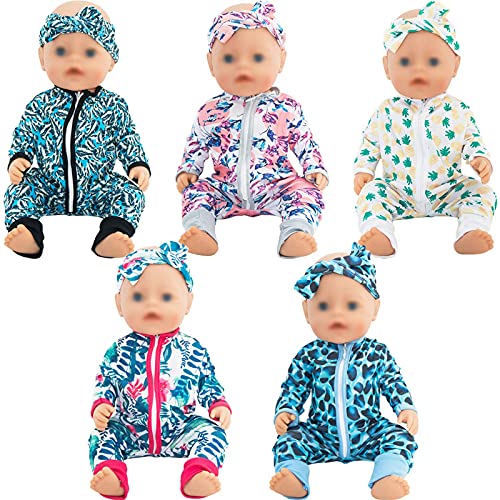 SOTOGO 5 Sets Doll Clothes Outfits Jumpsuits with 5 Headbands for 14 to 17 Inch New Born Dolls 15 Inch Dolls and American 18 Inch Doll Clothes and Accessories - Image 1