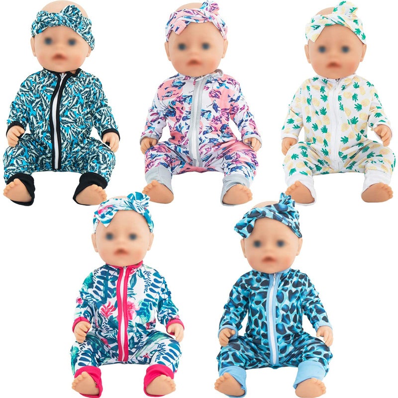 SOTOGO 5 Sets Doll Clothes Outfits Jumpsuits with 5 Headbands for 14 to 17 Inch New Born Dolls 15 Inch Dolls and American 18 Inch Doll Clothes and Accessories - Image 2
