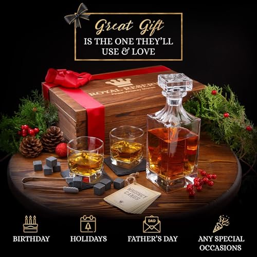 Royal Reserve Whiskey Decanter Gift Set by Royal Reserve – Liquor Bourbon Decanter 24 oz 750 ml with Glasses, Chilling Stones, Coasters and Tong – Whiskey Gifts for Men, Husband, Dad, Boyfriend - Image 3