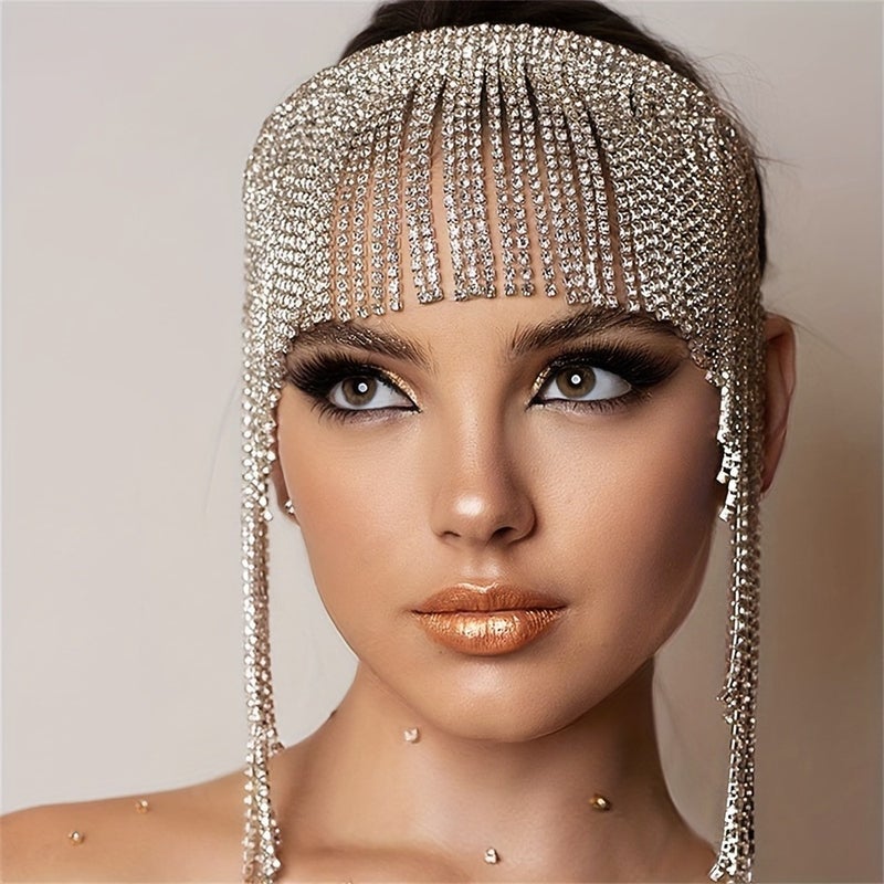 Luxury Carnival Bridal Long Tassel Headpiece, Elegant Ethnic Style with Rhinestone Forehead Chain - Image 5