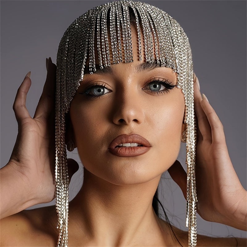 Luxury Carnival Bridal Long Tassel Headpiece, Elegant Ethnic Style with Rhinestone Forehead Chain - Image 2