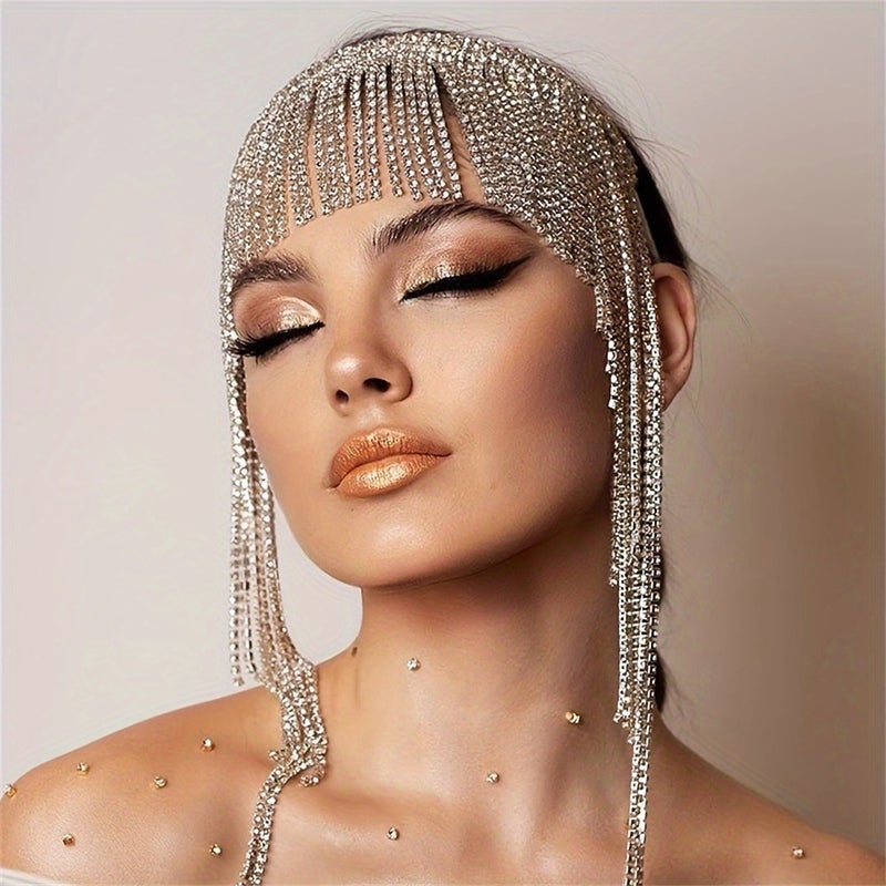 Luxury Carnival Bridal Long Tassel Headpiece, Elegant Ethnic Style with Rhinestone Forehead Chain - Image 3