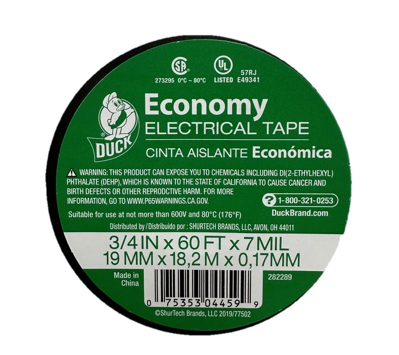 Duck Brand Economy Electrical Tape, 3/4-Inch by 60 Feet, Single Roll, Black (282289) - Image 1