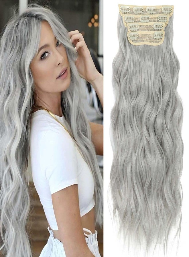 Perience 24 Inch Silver Gray Hair Extensions Clip ins for Women, Long Wavy Curly Clip on Hair Extensions, 4PCS Soft Natural Look Clip in Hair Extension for Women(60#, 24INCH) - Image 1