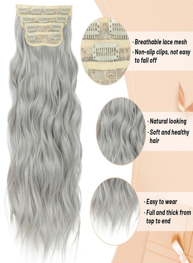 Perience 24 Inch Silver Gray Hair Extensions Clip ins for Women, Long Wavy Curly Clip on Hair Extensions, 4PCS Soft Natural Look Clip in Hair Extension for Women(60#, 24INCH) - Image 3