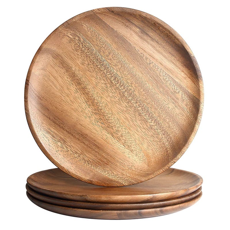 IQCWOOD Wooden Dinner Plates 11 Inch Round Wood Dinner Plates Set of 4 Acacia Wooden Plates Round Tray Serving Platter for Food Sandwich Dessert Snack Plates