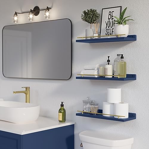 WOPITUES Floating Shelves with Gold Metal Guardrail, Shelves for Wall Decor Set of 3, Wall Shelves for Bedroom, Bathroom, Kitchen, Living Room, Plants, Picture Frames, Art- Gold in Navy Blue - Image 3