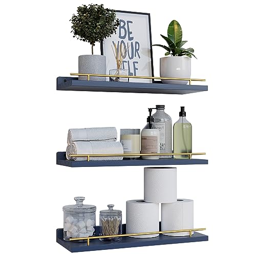 WOPITUES Floating Shelves with Gold Metal Guardrail, Shelves for Wall Decor Set of 3, Wall Shelves for Bedroom, Bathroom, Kitchen, Living Room, Plants, Picture Frames, Art- Gold in Navy Blue - Image 1