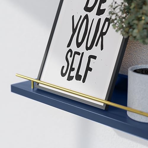 WOPITUES Floating Shelves with Gold Metal Guardrail, Shelves for Wall Decor Set of 3, Wall Shelves for Bedroom, Bathroom, Kitchen, Living Room, Plants, Picture Frames, Art- Gold in Navy Blue - Image 2