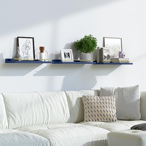 WOPITUES Floating Shelves with Gold Metal Guardrail, Shelves for Wall Decor Set of 3, Wall Shelves for Bedroom, Bathroom, Kitchen, Living Room, Plants, Picture Frames, Art- Gold in Navy Blue - Image 5