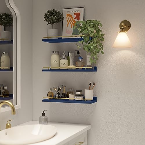 WOPITUES Floating Shelves with Gold Metal Guardrail, Shelves for Wall Decor Set of 3, Wall Shelves for Bedroom, Bathroom, Kitchen, Living Room, Plants, Picture Frames, Art- Gold in Navy Blue - Image 4