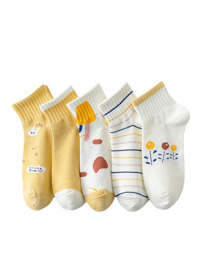 5 Pairs Striped Leisure Short Socks Cartoon Rabbit, Flowers Cute Cotton Socks Summer Ankle Boot casual cotton socks - Image 1