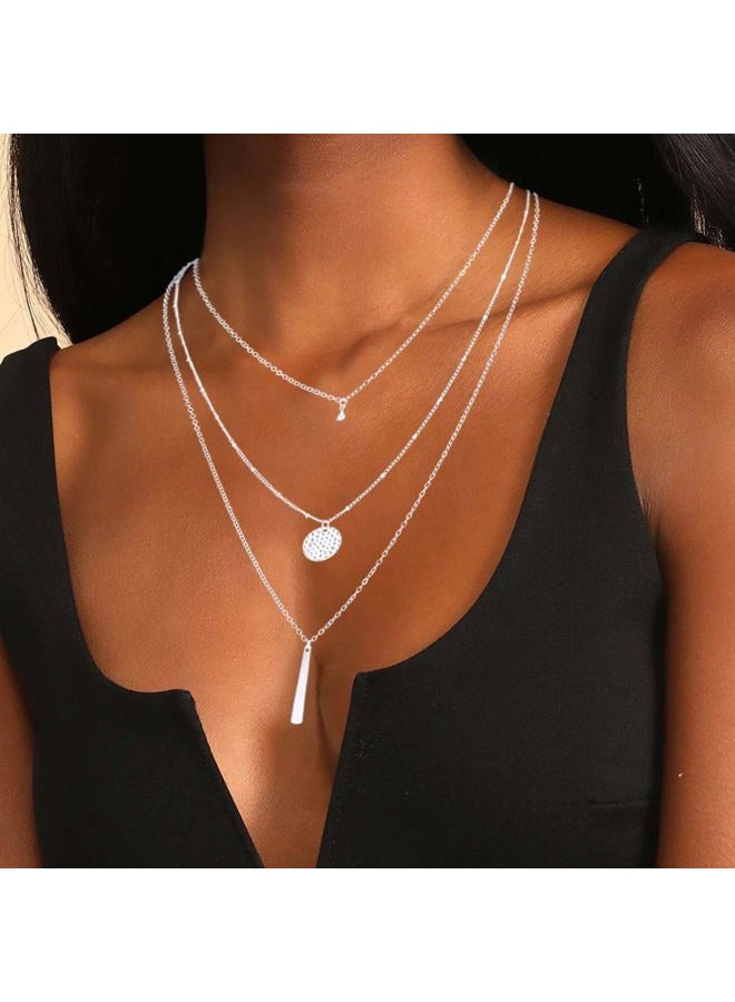 Yalice Multi Layered Necklace Chain Bar Pendant Necklaces Sequins Disc Fashion Jewelry for Women, 45 centimeters, Metal, alloy - Image 3