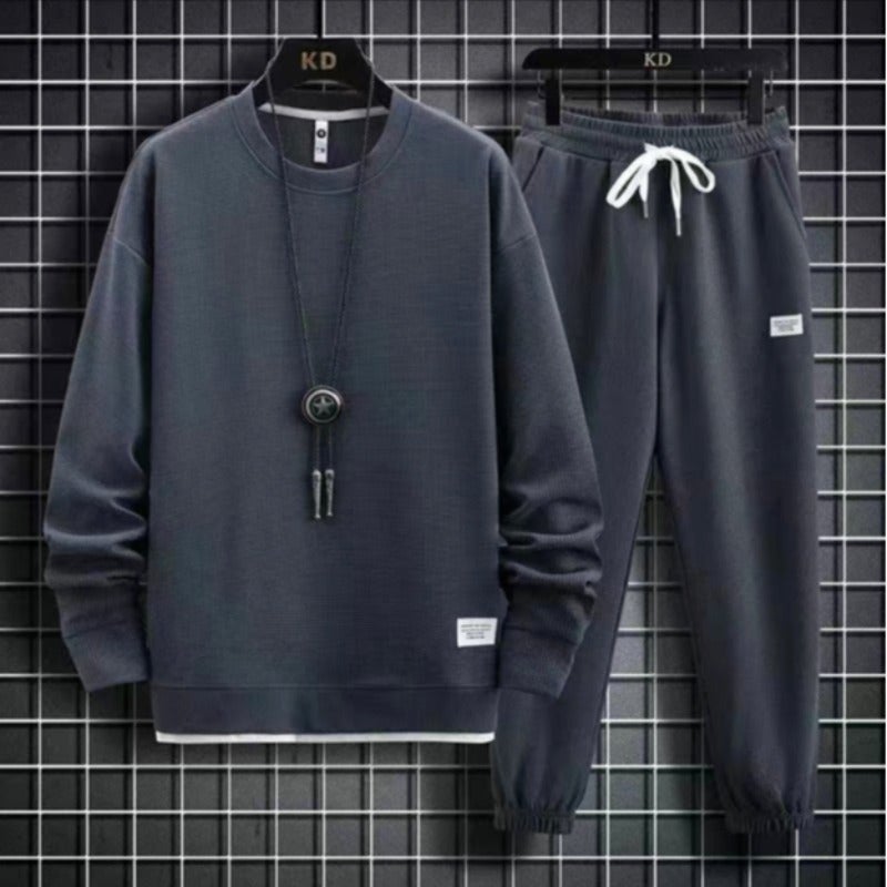 Loose Long Sleeve round Neck Sweatshirt Set Sporty Casual Pure Color Autumn Winter Fashion Hong Kong Style Knitted Polyester Set blue]  - Image 4