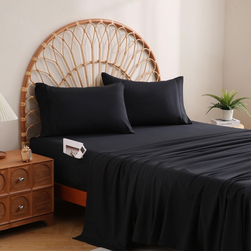 جي اس دي طقم ملاءات سرير JSD أسود مقاس كوين مع جيب جانبي للتخزين، 4 قطع من ملاءات السرير المصنوعة من الألياف الدقيقة الناعمة المصقولة، جيب عميق إضافي 16 بوصة - Image 1