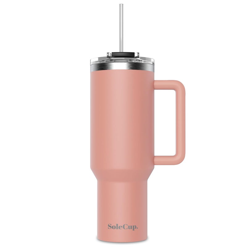 SoleCup 40oz Travel Mug with Handle Lid and Two Straws Drinks Stay Hot for 8 Hours Cold for 24 Hours Double Wall Vacuum Insulated Stainless Steel Tumbler Pink 40oz