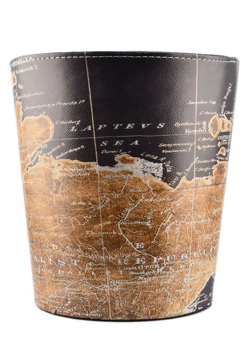 Generic Wastebasket GTKRTU PU Leather European Style Retro Trash Can Waste Paper Basket Waste Can Wastebin Dustbin Garbage Bin Without Lid - Map Pattern  - Image 1