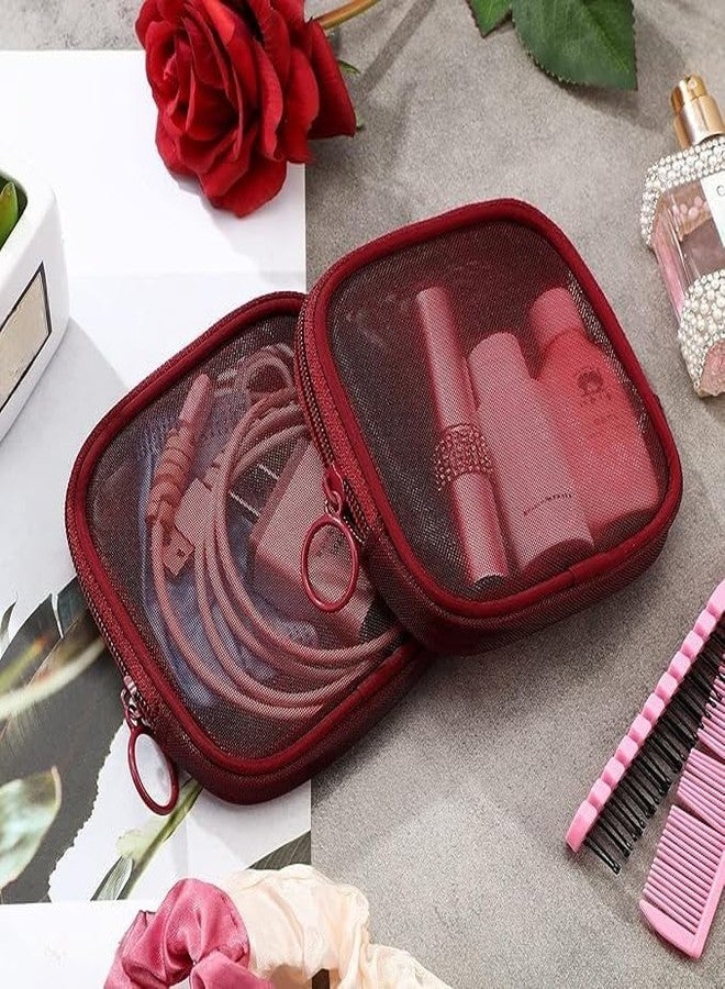 Clickswift® Mesh Makeup Pouch Small Zipper Cosmetic Bags for Women Square Fashion Lipstick Pouches for Women, Nylon Mini Cash Toiletry Organizer Bag for Daily Accessories - 1pcs (Wine Red) - Image 4