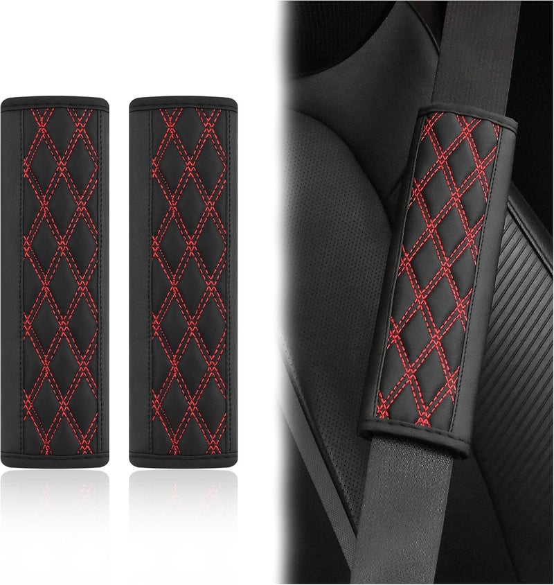 wedfish 2PCS Car Seat Belt Cover Pads,Leather Seatbelt Covers Protect Shoulder and Neck Car Accessories Interior,Universal Car Seat Strap Pads Car Decorations for Most Cars Trucks (Black/Red) - Image 1