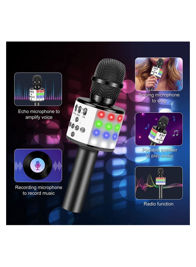 Black Portable Karaoke Mic Speaker Player Recorder Machine for Kids and Adults, Handheld Wireless Bluetooth Microphone with LED Lights for Birthday Home Party  - Image 3