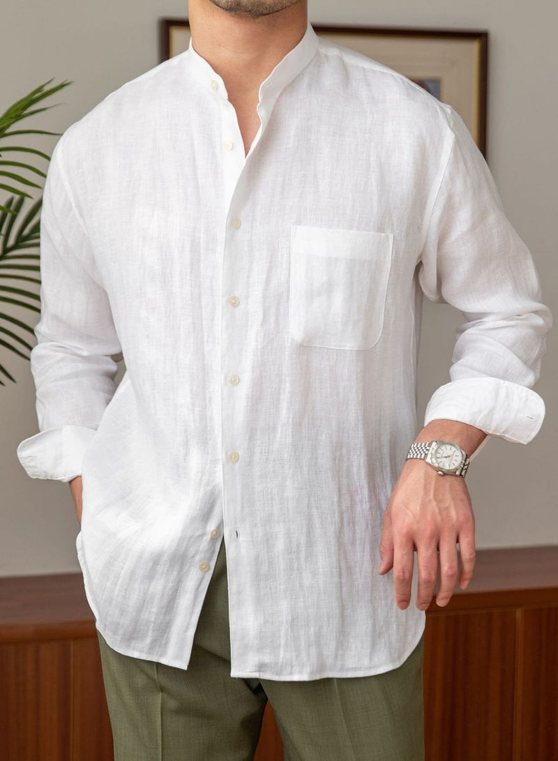 Men's Commuting Casual Breathable Pure Linen Long Sleeved Stand Up Collar Shirt  - Image 1