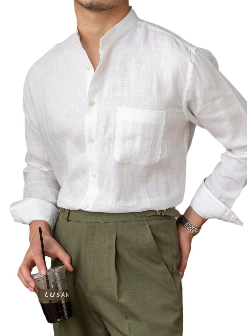 Men's Commuting Casual Breathable Pure Linen Long Sleeved Stand Up Collar Shirt  - Image 2