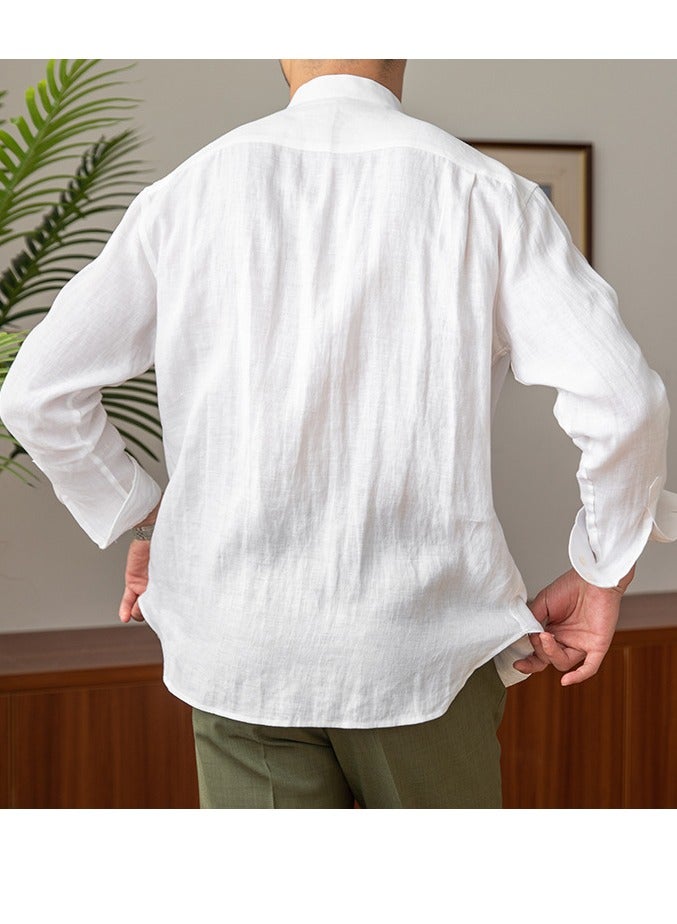 Men's Commuting Casual Breathable Pure Linen Long Sleeved Stand Up Collar Shirt  - Image 3