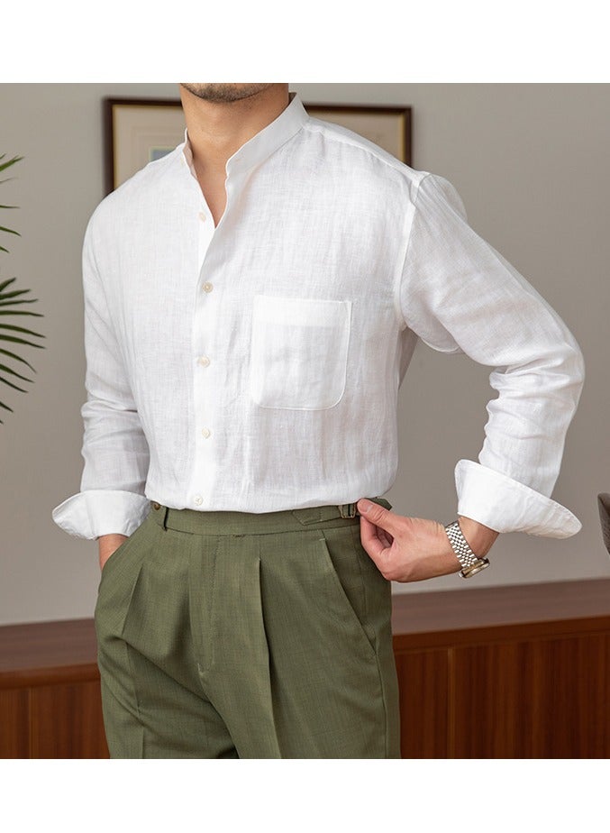 Men's Commuting Casual Breathable Pure Linen Long Sleeved Stand Up Collar Shirt  - Image 4