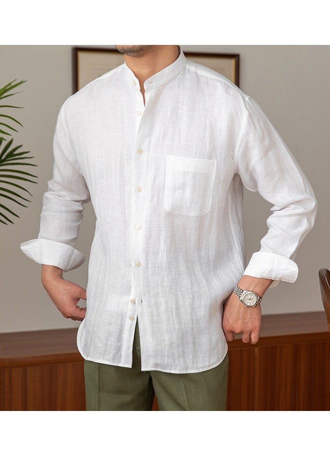 Men's Commuting Casual Breathable Pure Linen Long Sleeved Stand Up Collar Shirt  - Image 5