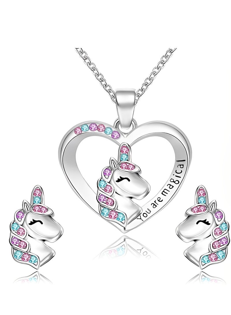 SYNSYB Unicorns Gifts for Girls,Unicorn Necklace and Earrings Set for Women Girls Pretty Jewellery With box gift for Daughter Granddaughter Niece - Image 1