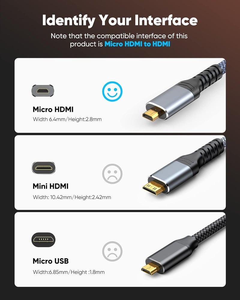ETZIN 4K Micro HDMI to HDmI Cable 4.6 FT, Micro Male to Male Cable Nylon Braided Cord Adapter 2.0 4K@60HZ 2K@165HZ 18Gbps Compatible with Laptop Camera Monitor Grey - Image 2