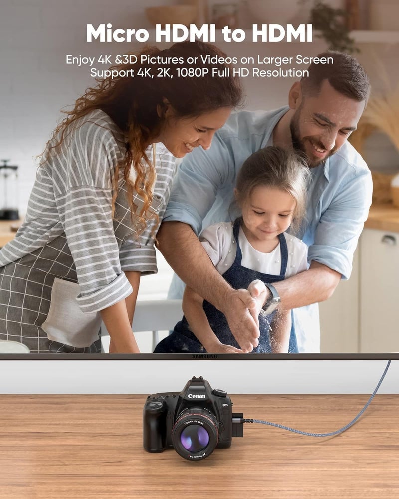 ETZIN 4K Micro HDMI to HDmI Cable 4.6 FT, Micro Male to Male Cable Nylon Braided Cord Adapter 2.0 4K@60HZ 2K@165HZ 18Gbps Compatible with Laptop Camera Monitor Grey - Image 3