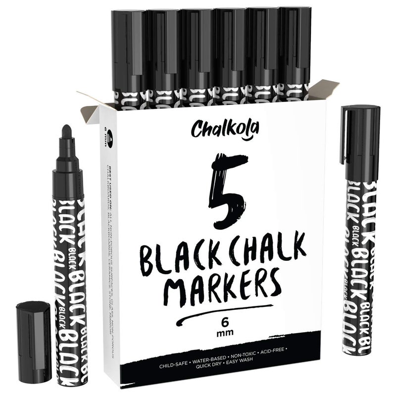 Chalkola Black Chalk Markers Liquid Dry Erase Marker Pens for Bistro Chalkboards Signs Windows Blackboard Glass 6mm Reversible Tip Pack of 5 - Image 2