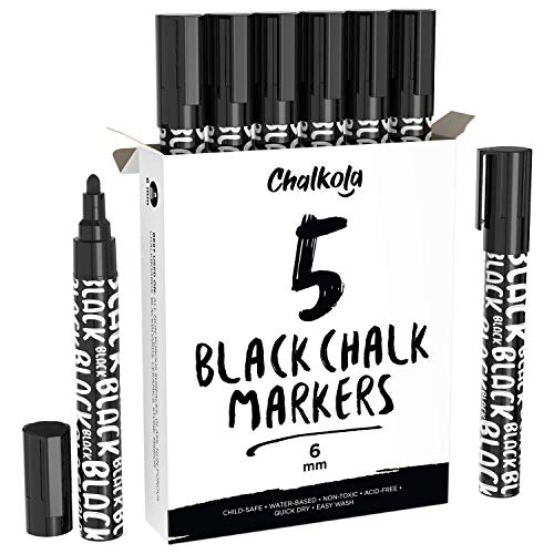Chalkola Black Chalk Markers Liquid Dry Erase Marker Pens for Bistro Chalkboards Signs Windows Blackboard Glass 6mm Reversible Tip Pack of 5 - Image 1