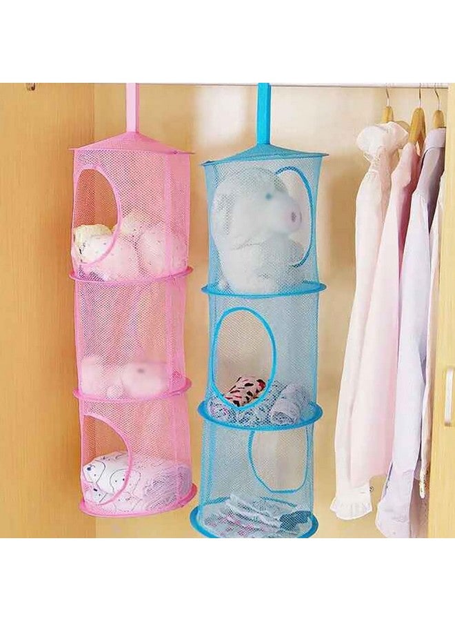 GSHLLO 2 Pcs Toy Storage Hanging Mesh 3 Compartment Organizer Net Stuffed Animal Hammock Foldable Organizing Baskets Clothes Hanger Organizer Bag for Room Bathroom Closet Green - Image 2