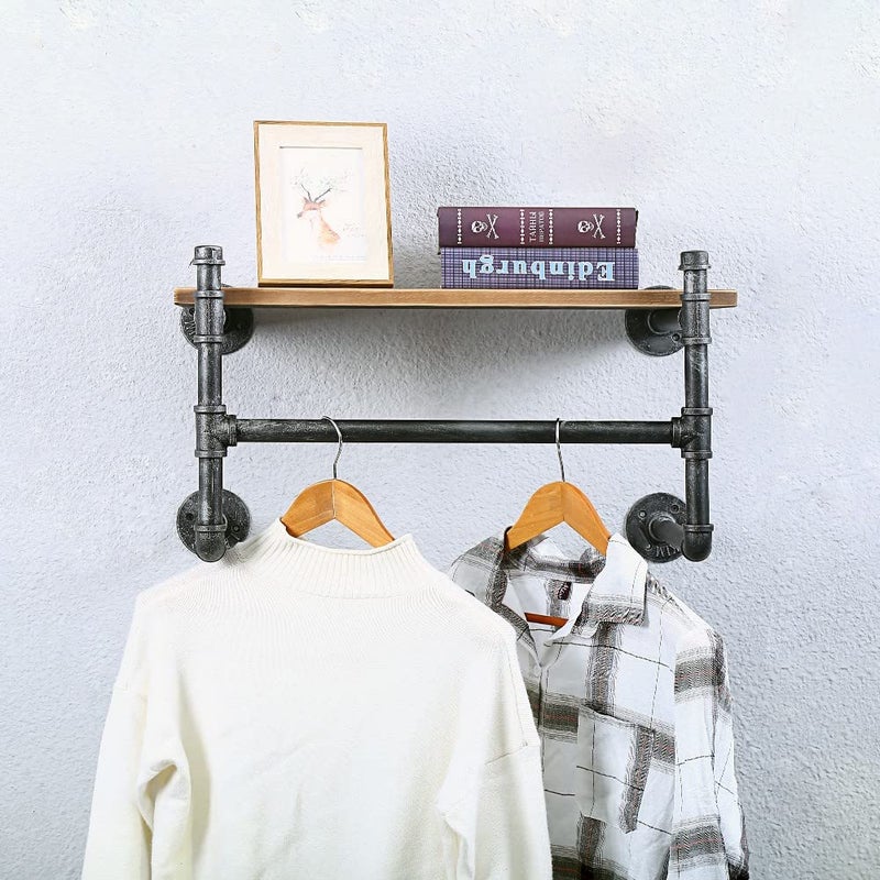 OLDRAINBOW Industrial Pipe Clothing Rack Wall Mounted with Real Wood ShelfPipe Shelving Floating Shelves Wall Shelf36in Retail Clothes Racks Display Rack