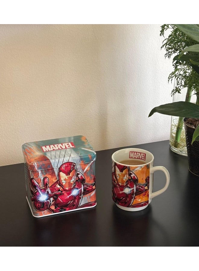 EGAN كوب مارفل القابل للتكديس في علبة معدنية – كوب قهوة من البورسلين مزين بشخصيات سبايدر مان، كابتن أمريكا، هالك، آيرون مان وثور – آمن في غسالة الصحون والميكروويف (350 مل، آيرون مان) - Image 3