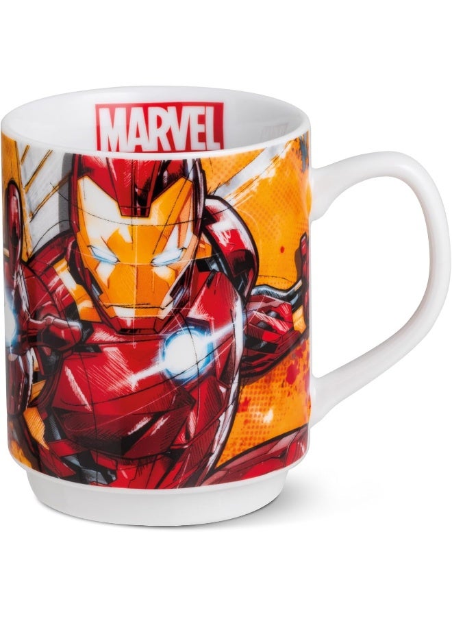 EGAN كوب مارفل القابل للتكديس في علبة معدنية – كوب قهوة من البورسلين مزين بشخصيات سبايدر مان، كابتن أمريكا، هالك، آيرون مان وثور – آمن في غسالة الصحون والميكروويف (350 مل، آيرون مان) - Image 1
