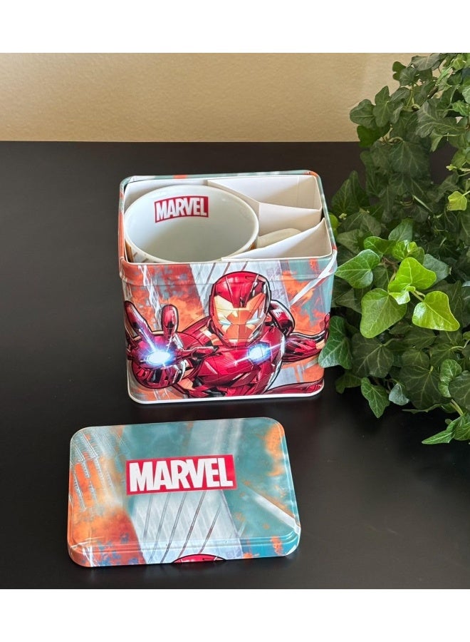 EGAN كوب مارفل القابل للتكديس في علبة معدنية – كوب قهوة من البورسلين مزين بشخصيات سبايدر مان، كابتن أمريكا، هالك، آيرون مان وثور – آمن في غسالة الصحون والميكروويف (350 مل، آيرون مان) - Image 2