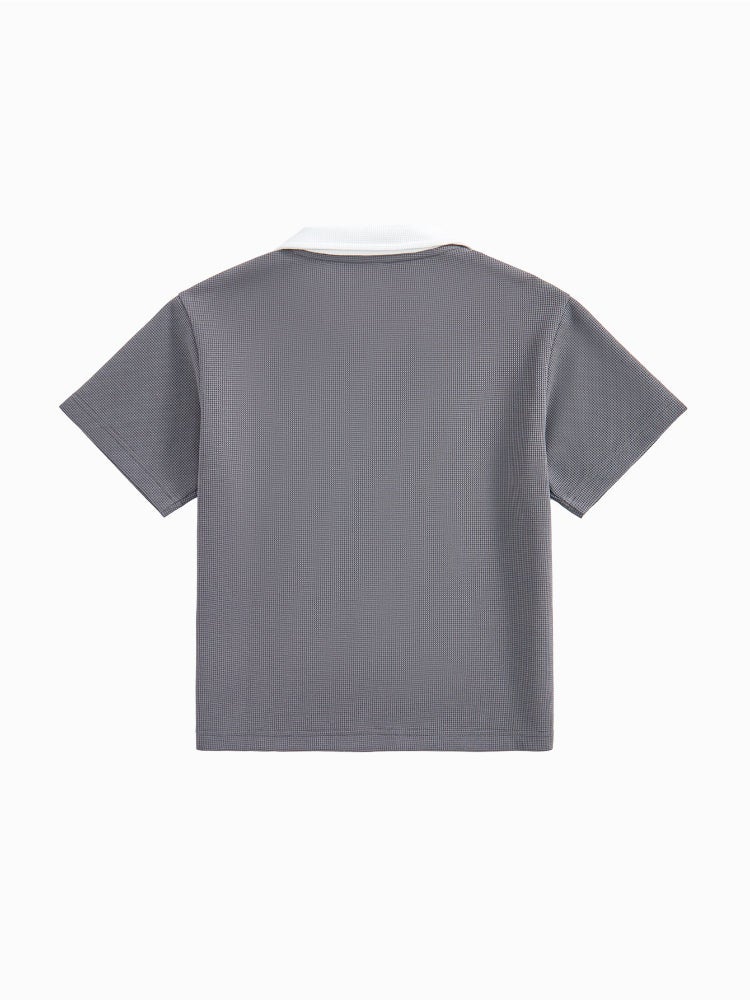 بالابالا تيشيرت بولو بأكمام قصيرة بنسيج منقوش وياقة كلاسيكية متباينة اللون للأولاد - Image 2