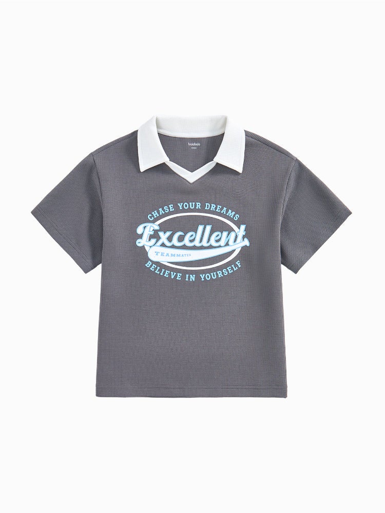 بالابالا تيشيرت بولو بأكمام قصيرة بنسيج منقوش وياقة كلاسيكية متباينة اللون للأولاد - Image 1