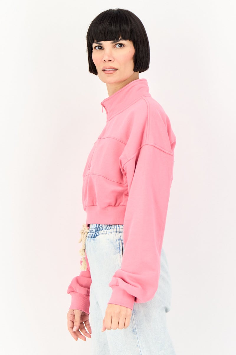 NIA Women High Neck Plain Long Sleeve Crop Sweatshirt, Pink - Image 3