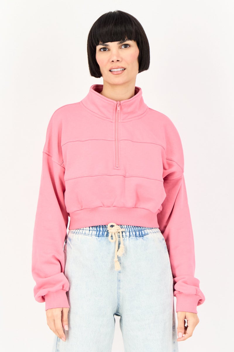NIA Women High Neck Plain Long Sleeve Crop Sweatshirt, Pink - Image 1