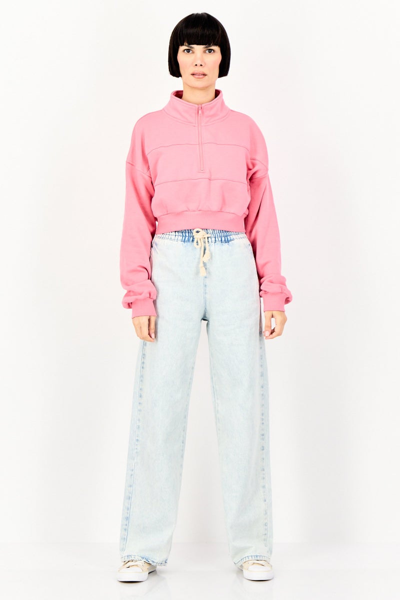 NIA Women High Neck Plain Long Sleeve Crop Sweatshirt, Pink - Image 4