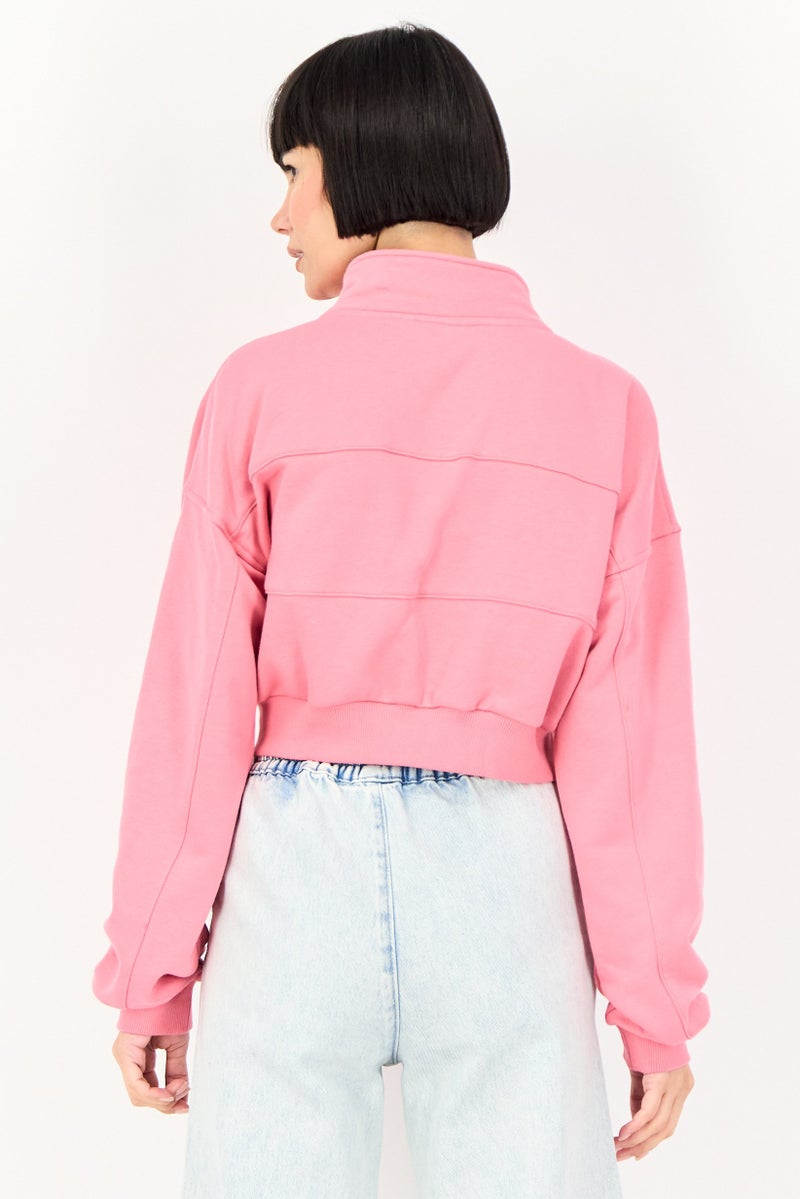 NIA Women High Neck Plain Long Sleeve Crop Sweatshirt, Pink - Image 2